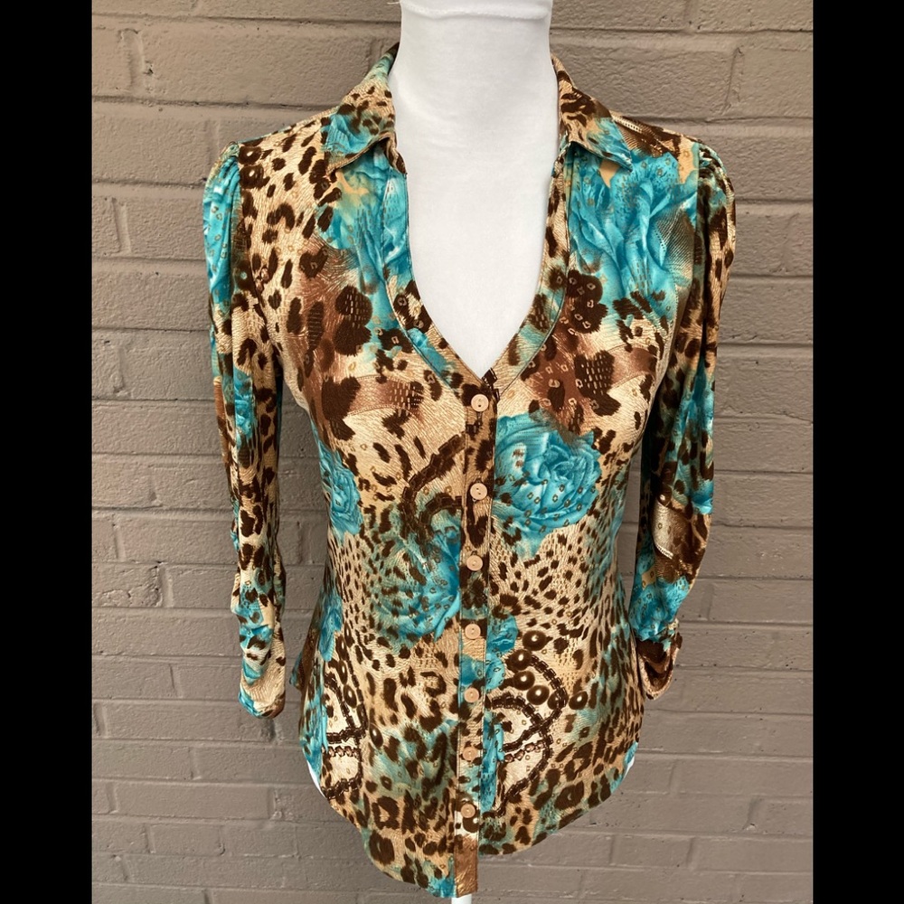 Peter Nygard  Vintage Leopard & Floral Print Blouse - Small - Picture 4 of 9